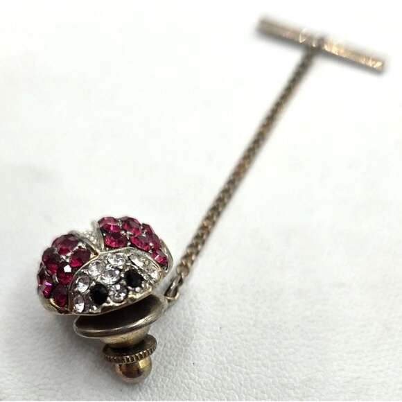 Vintage Ladybug Tie Tack Pin With Red & Clear Rhinestones Gold-Tone Metal Chain - Picture 4 of 4